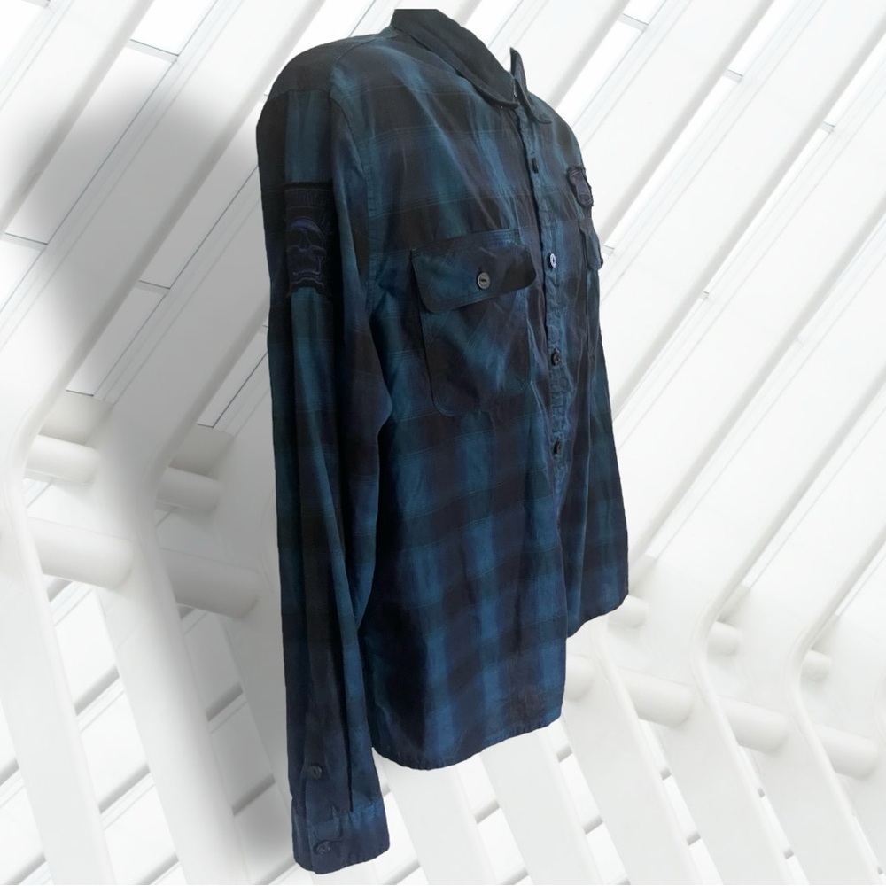 Lethal Threat Motorgear Death Row Button Black Blue Shirt Size Large - Picture 8 of 16